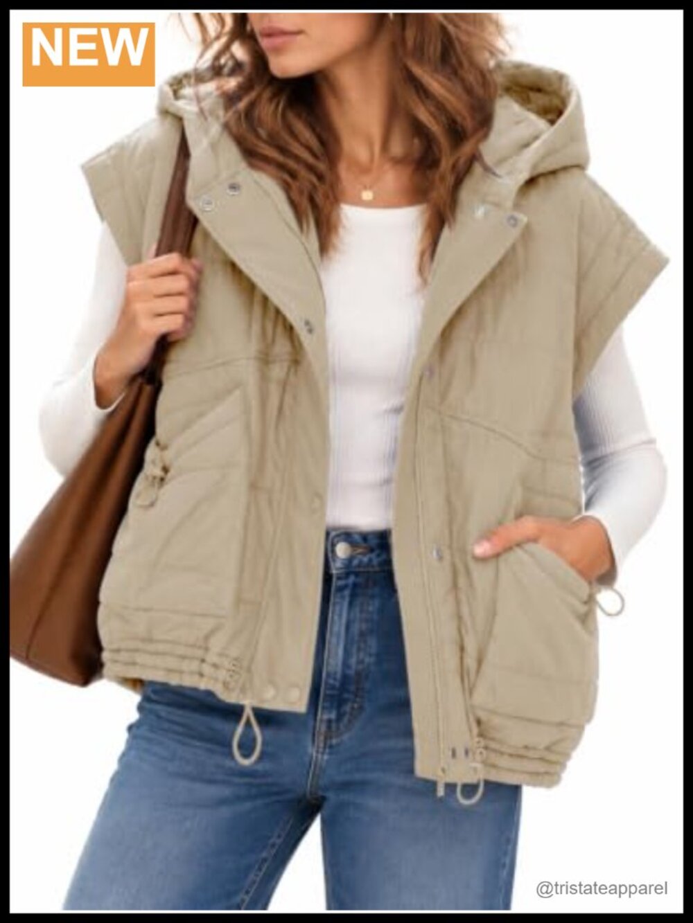 Oversized Hooded Quilted Puffer Vest Sleeveless Zip Snap Winter Layer